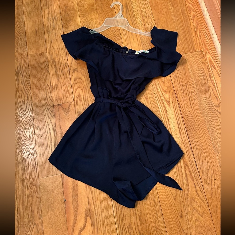 Navy blue off the shoulder silk romper